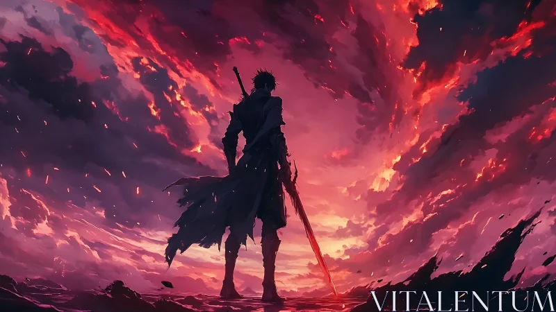 Backlit warrior silhouette under apocalyptic crimson vortex