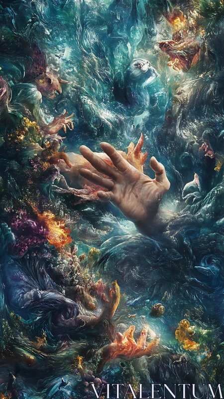 Drowning hand amid surreal oceanic spirits and coral fire