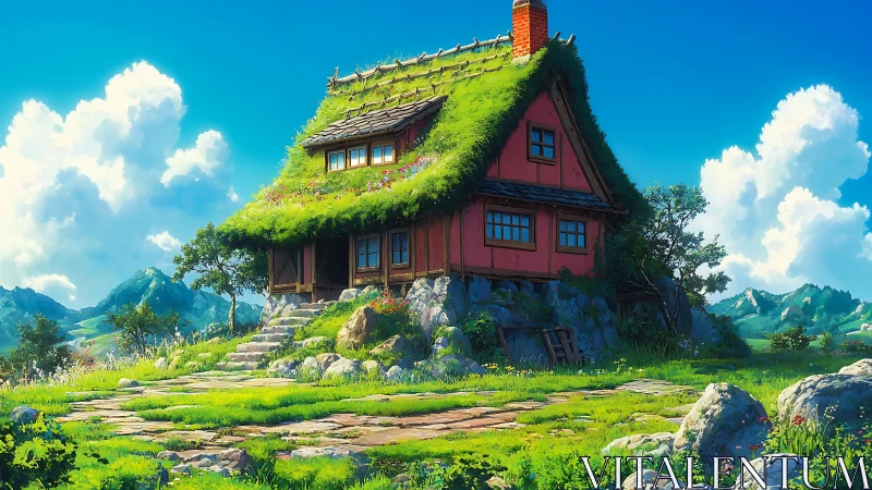 Grass-roofed timber cottage on rocky meadow hillside at noon