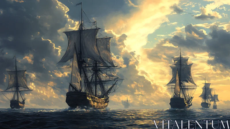 Multi-ship frigate flotilla under dramatic backlit storm clouds