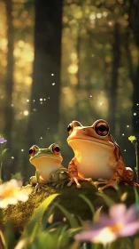 Frogs sit on mossy mound under warm glowing forest light