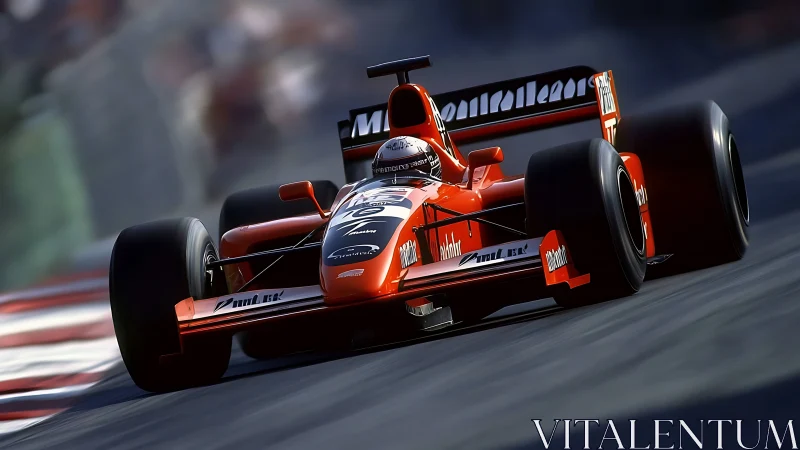 Red Formula race car storms through a sunlit circuit turn