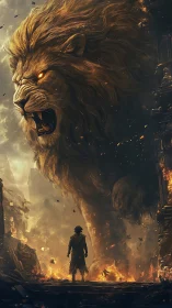 Colossal fiery lion towers over lone warrior in ruins