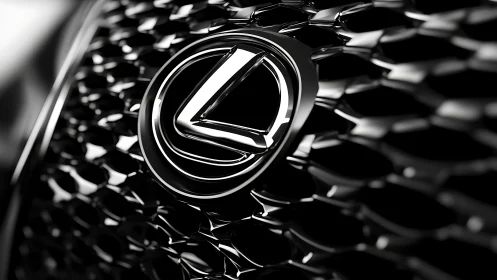Close-up Lexus emblem on dark gloss mesh grille surface.