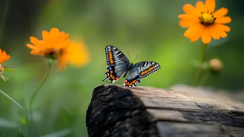 Butterfly with striped wings poised on weathered log in shallow focus