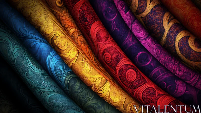 Layered swirls of ornate fabric in radiant spectrum hues.
