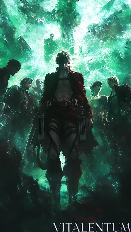 Cinematic anime warriors in emerald vortex composition.