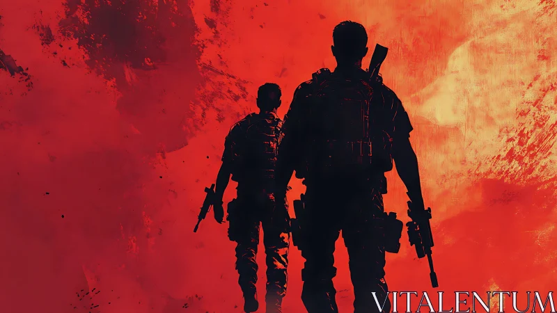 Silhouetted armed soldiers advance across a saturated red tactical field