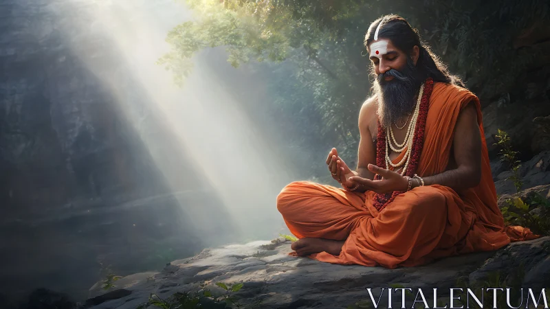 Forest yogi in orange robes under sacred morning light.
