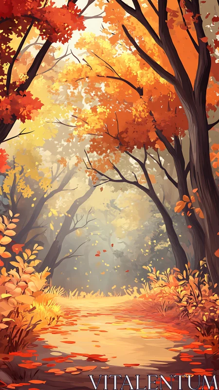 Autumn forest path with dense deciduous trees and golden leaf coverage.