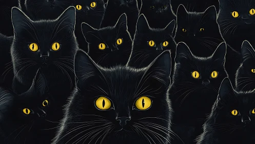 Dark Feline Congregation: Digital Illustration of Black Cats.