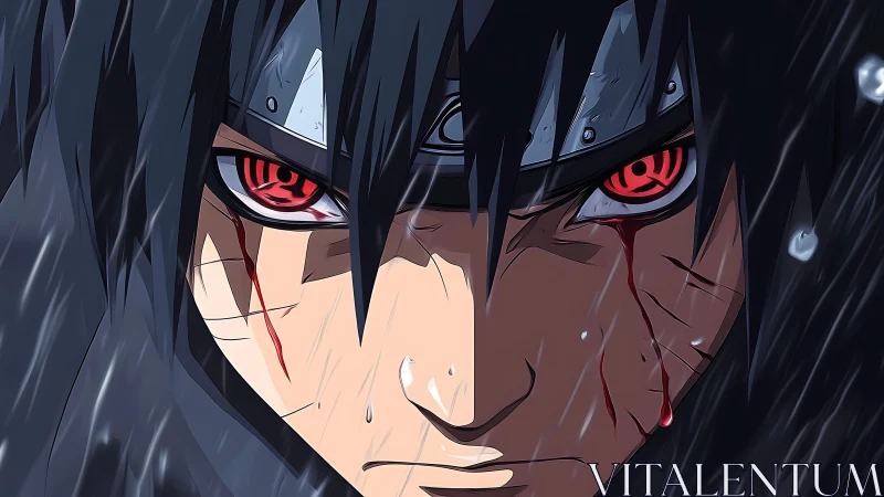 Stormlit Sharingan gaze carves fury through the rain