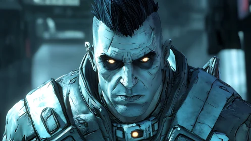 Intense cyber warrior meets the viewer with glowing resolve