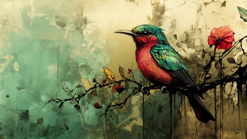 Painted songbird perches between teal storms and gold calm