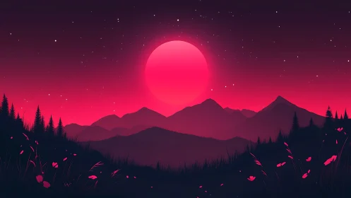 Neon magenta moonrise over layered alpine silhouettes.