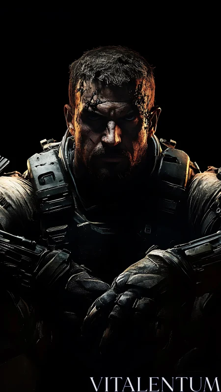 Battle-scarred soldier brooding in ember-edged darkness.