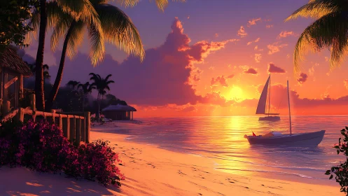 Tropical lagoon shoreline with sailboats at radiant sunset