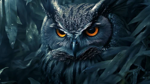 Majestic Owl with Intense Amber Eyes in Dark Forest Realism.