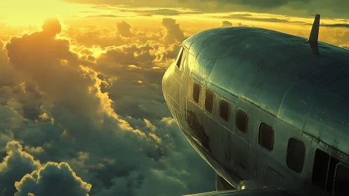 Sunlit airliner fuselage cutting through storm clouds.