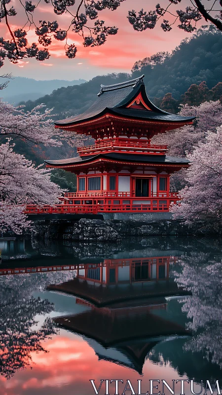 Scarlet pagoda mirrored in tranquil cherry blossom lake.