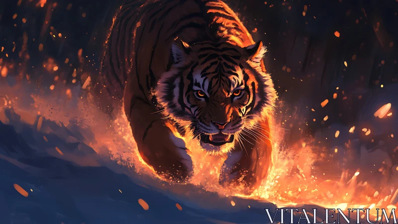 Fiery tiger charges through glowing snow with wild energy.