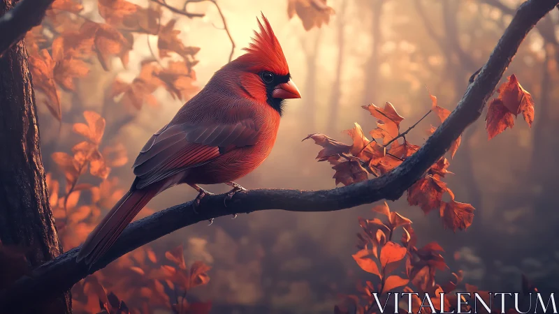 Vibrant Red Cardinal on Autumn Branch, Soft Sunlight in Forest.