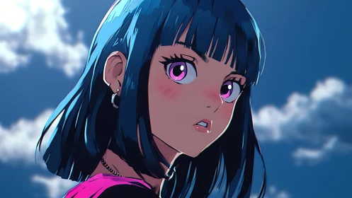 Cel-shaded anime portrait under high-contrast daylight sky.