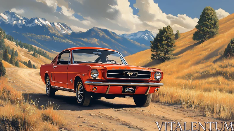 Classic red Mustang on mountain dirt road at golden hour.