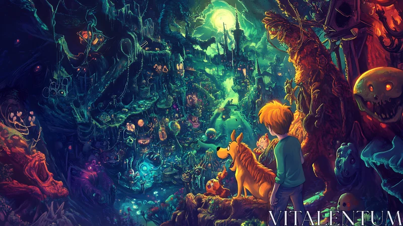 Boy and dog face glowing fantasy cavern city under moon