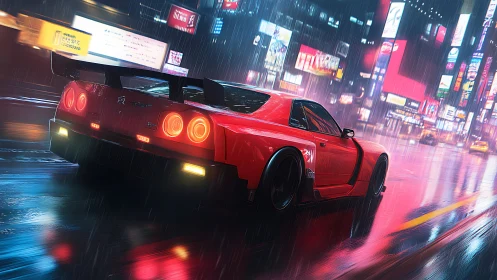 Crimson night drive through neon city streets in the rain.