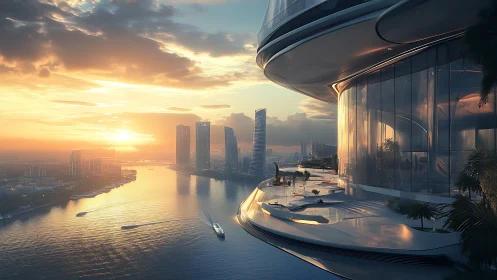 Sunrise terrace above a sleek glassy riverside future city.