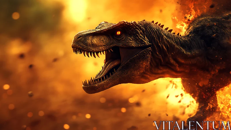Dinosaur head rendered in fire filled, cinematic environment.