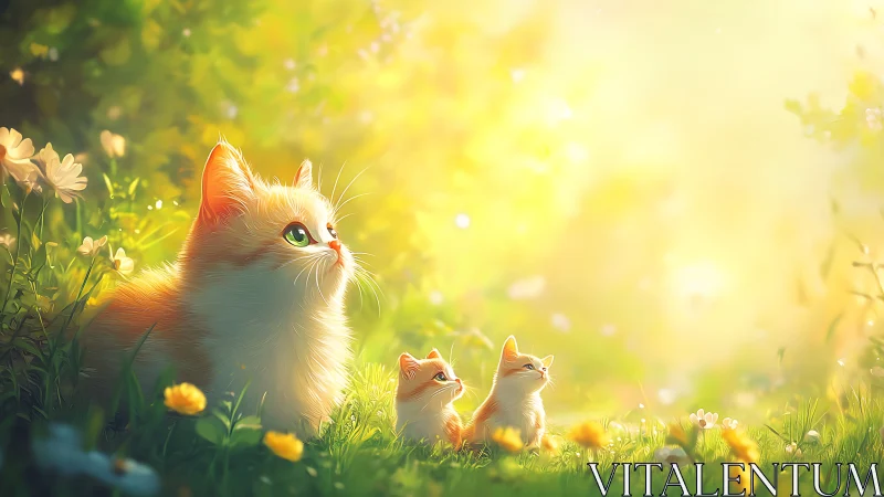 Luminous Feline Family in Golden Meadow with Atmospheric Backlighting