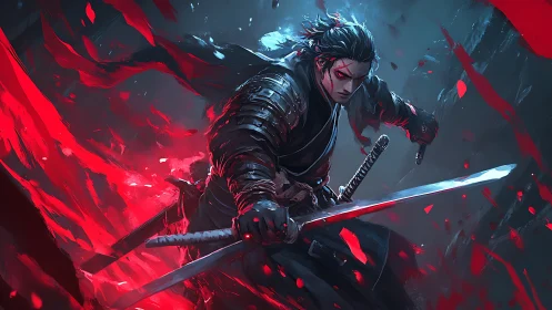 Twin-blade shadow carves a crimson storm through silence