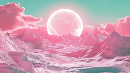 Dreamy pink alien mountains glow beneath a rising moon