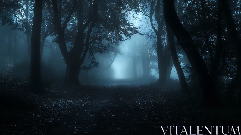 Misty forest path welcomes quiet steps into soft blue dusk