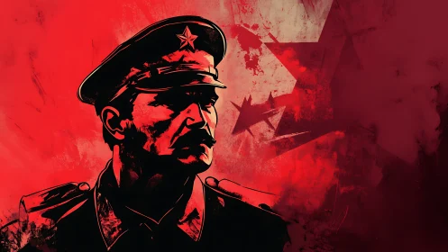 Military officer portrait dominates red propaganda style background