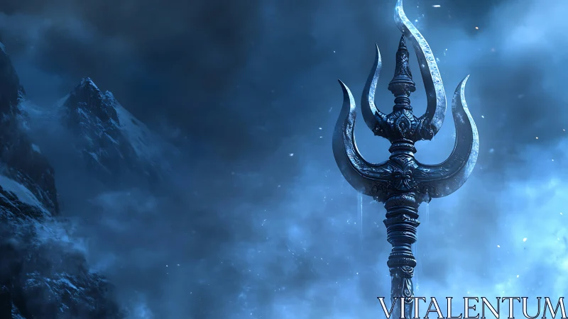 Trident stands upright in icy blue mountain mist