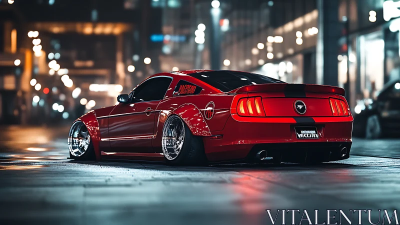 Modified red muscle car rests low on wet city street