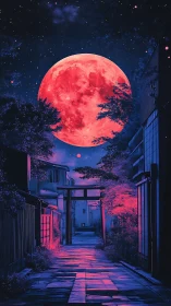 Urban alley with torii gate under oversized red moon.