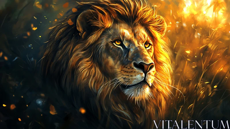 Radiant lion portrait in high-chroma atmospheric backlighting.