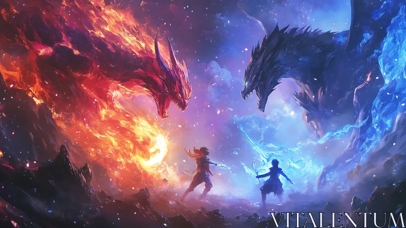 Fire and ice dragons confronting duelists in voidscape.