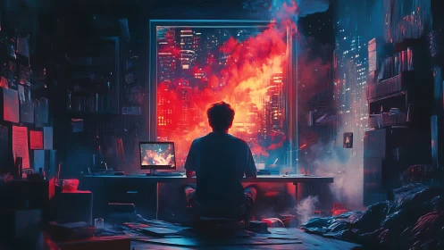 Solitary figure at desk facing burning cityscape window.