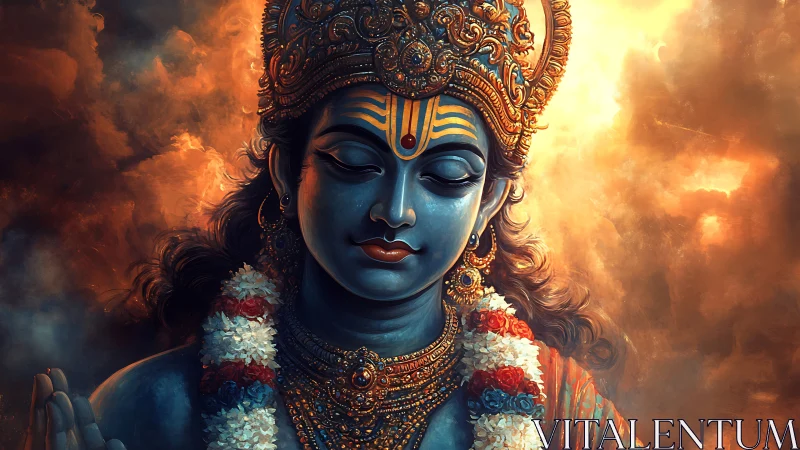 Divine blue deity portrait with luminous atmospheric backlight.