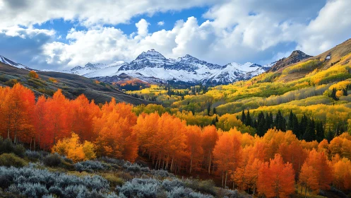 Snow-covered mountain range rises above layered autumn forest
