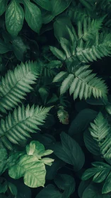 Dense overlapping fern and broadleaf foliage under diffuse shade