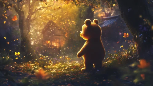 Teddy bear wanderer crosses golden forest toward cottage