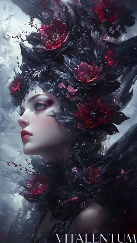 Mystical woman merges with dark plumage and crimson blossoms