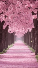 Cherry blossom tree tunnel with pink petal pathway.