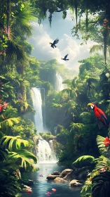 Tropical waterfall valley with parrots and dense jungle.